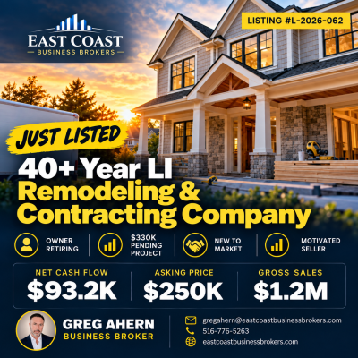 40+ Year LI Remodeling Company | $1.18M Revenue | $330K Pending Project | Owner Retiring